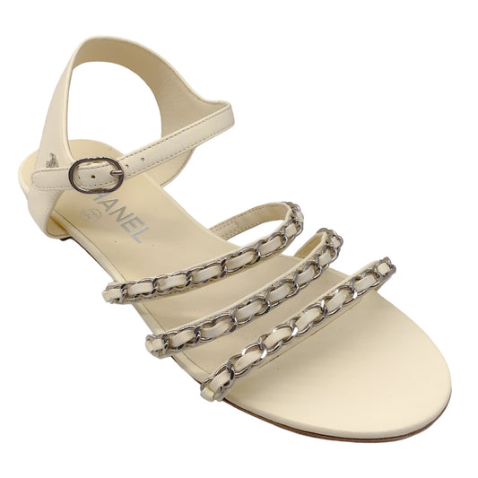Chanel Ivory / Silver Chain Detail Ankle Strap Lambskin Leather Sandals