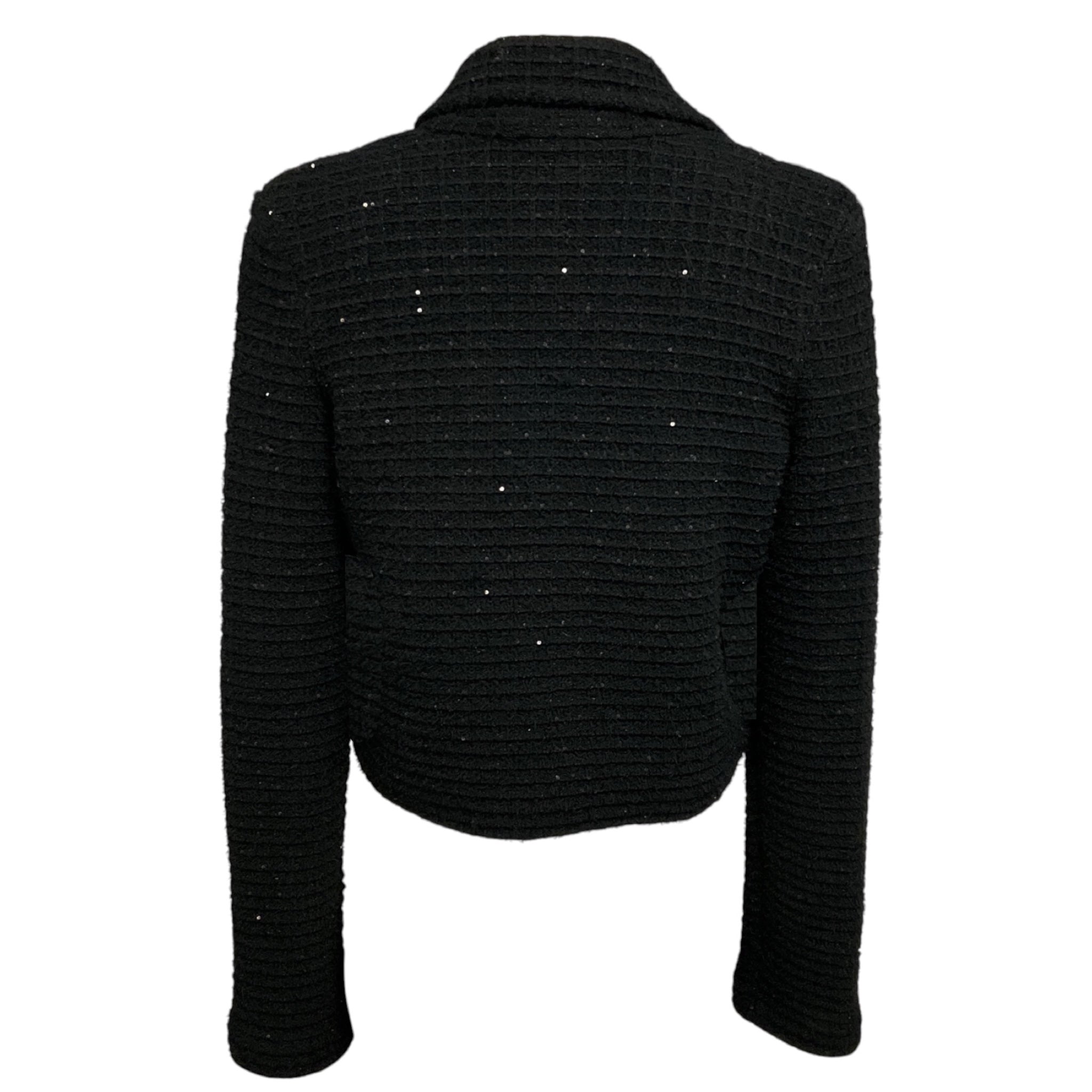 Self-Portrait Black Sequined Knit Crop Jacket with Pearl Embellished Buttons