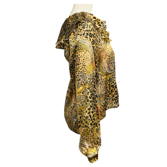 Etro Beige Multi Paisley and Leopard Print Ruffled Collar Moro Silk Shirt