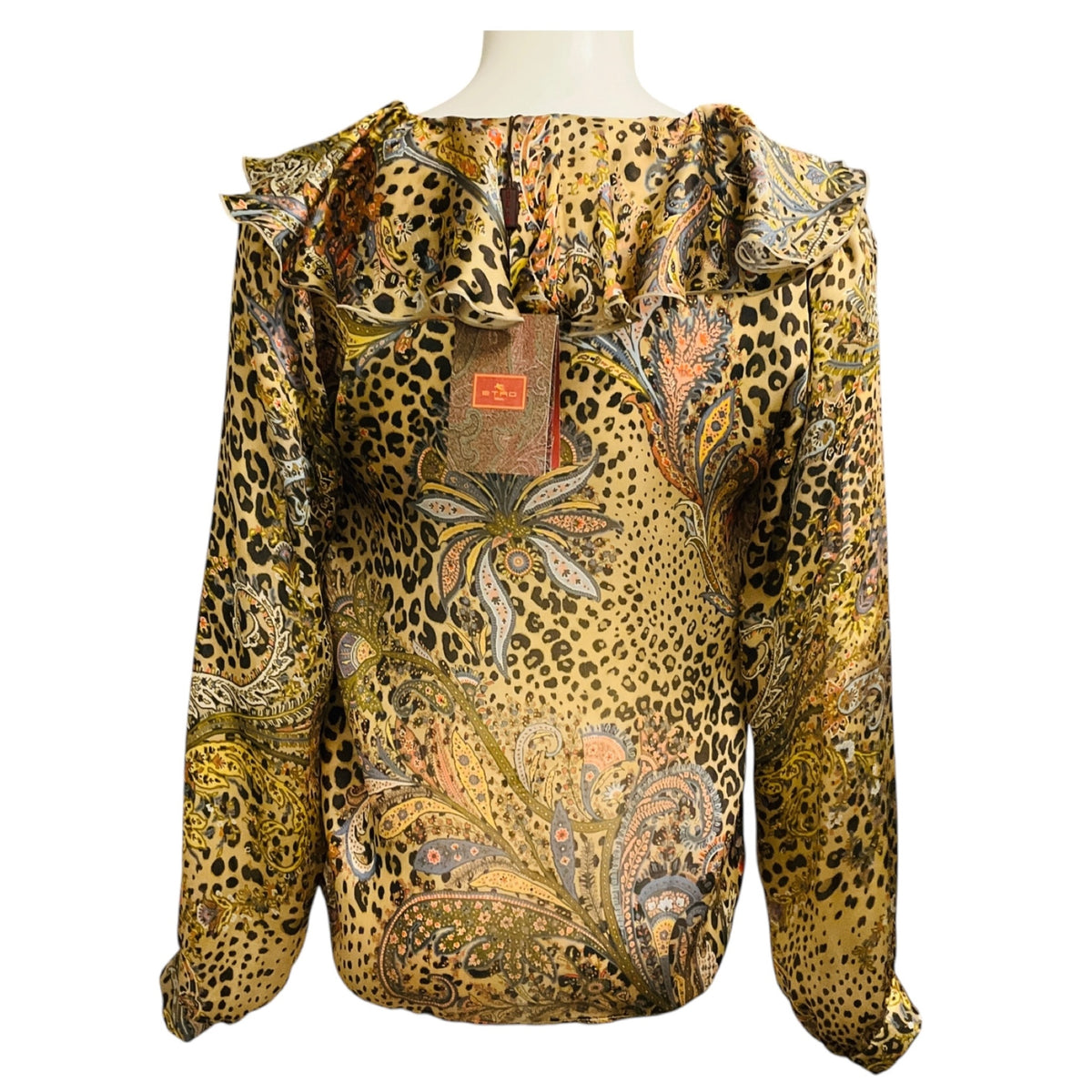 Etro Beige Multi Paisley and Leopard Print Ruffled Collar Moro Silk Shirt