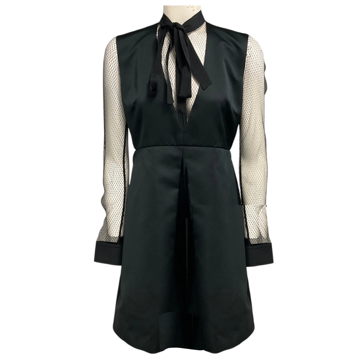 No. 21 Black Satin V-Neck Dress with Mesh Sleeves