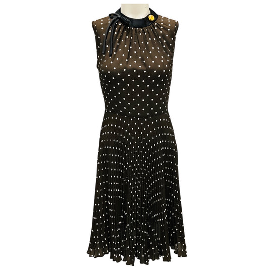 Prada Brown / White Polka Dot Print Pleated Chiffon Dress