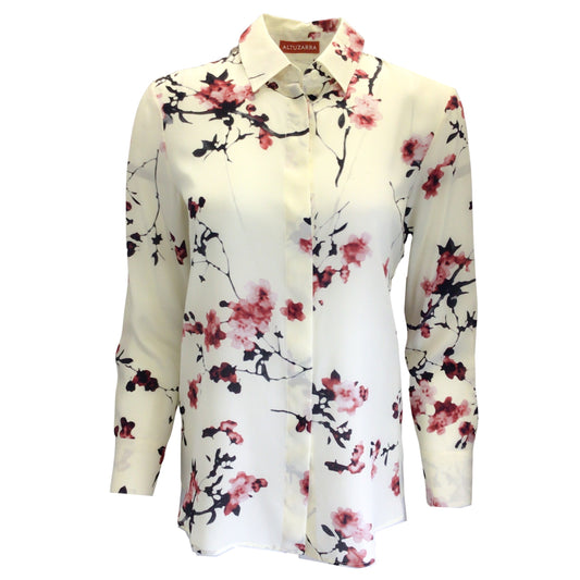 Altuzarra Ivory Cherry Blossom Print Long Sleeved Silk Blouse