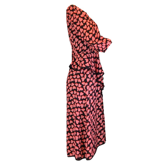 Rebecca Vallance Black / Pink / Red Heart Print Long Sleeved Crepe Midi Dress