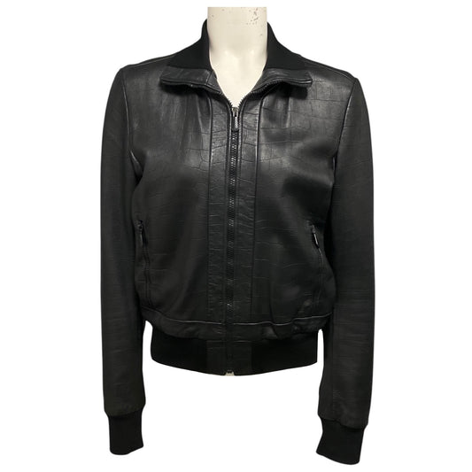 Bottega Veneta Black Embossed Leather Zip Front Bomber Jacket