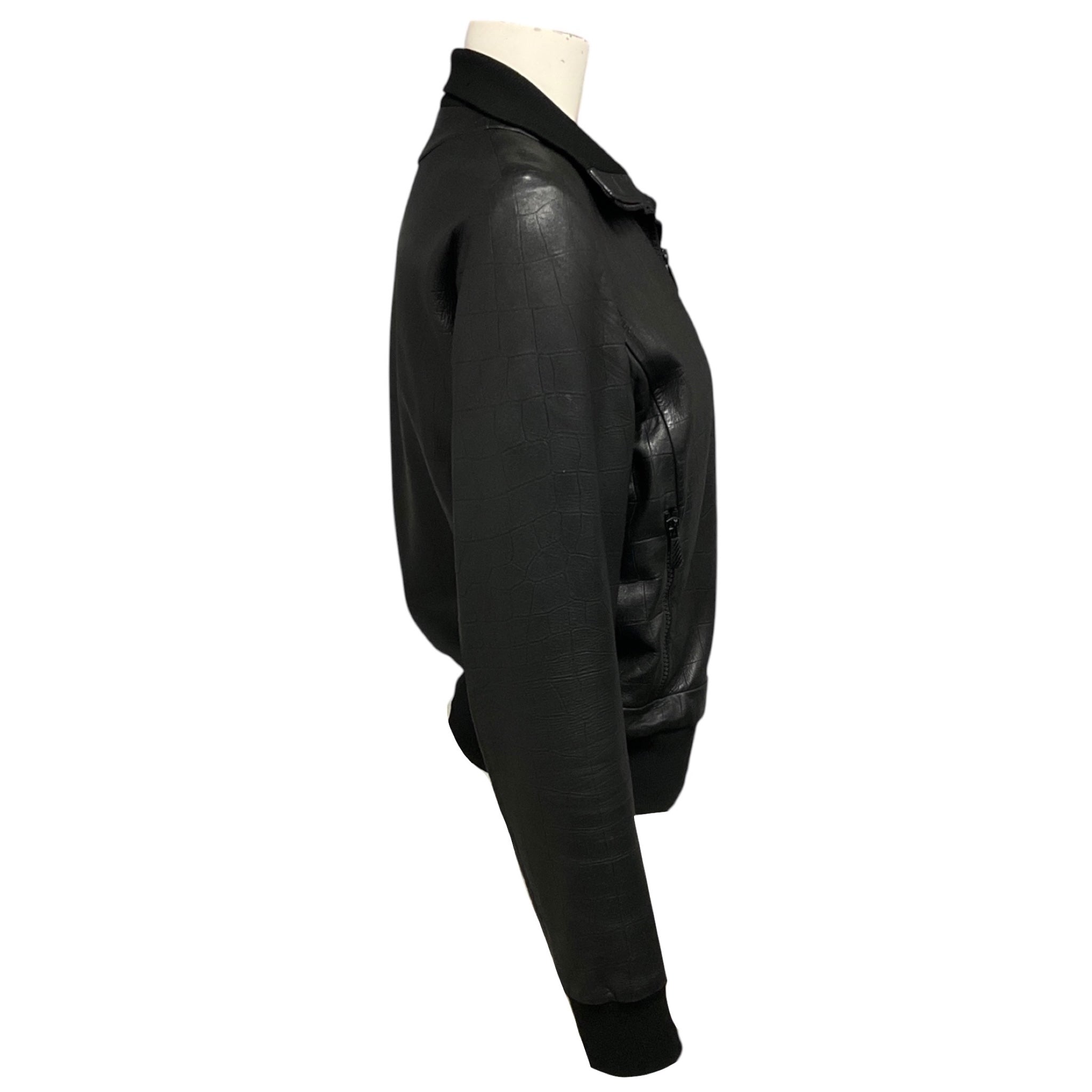 Bottega Veneta Black Embossed Leather Zip Front Bomber Jacket