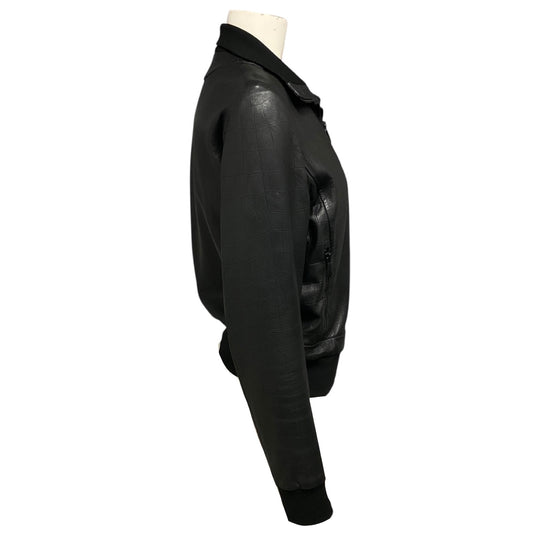 Bottega Veneta Black Embossed Leather Zip Front Bomber Jacket