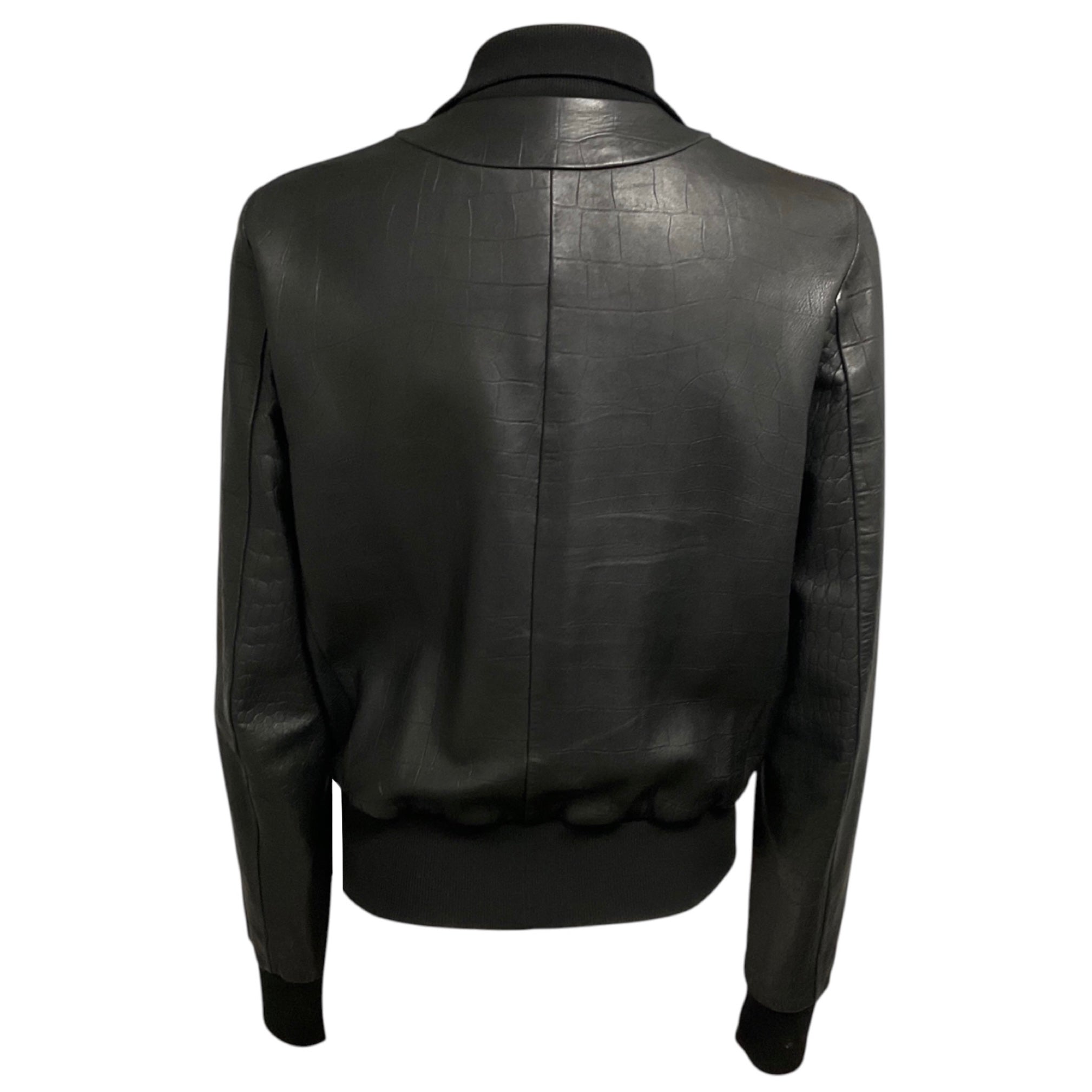 Bottega Veneta Black Embossed Leather Zip Front Bomber Jacket