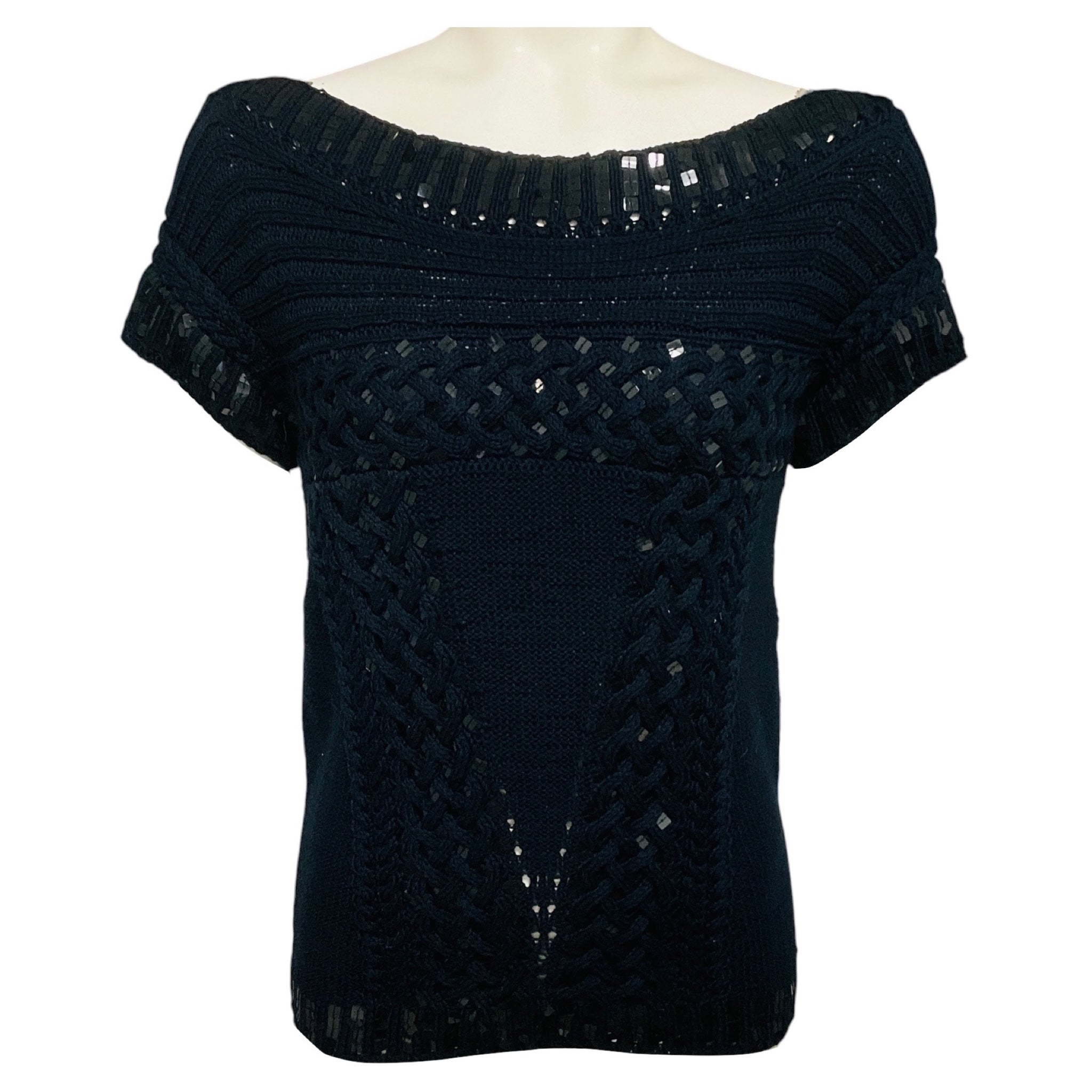 Oscar de la Renta Navy Blue / Black Sequin Embellished Short Sleeved Cotton Knit Sweater