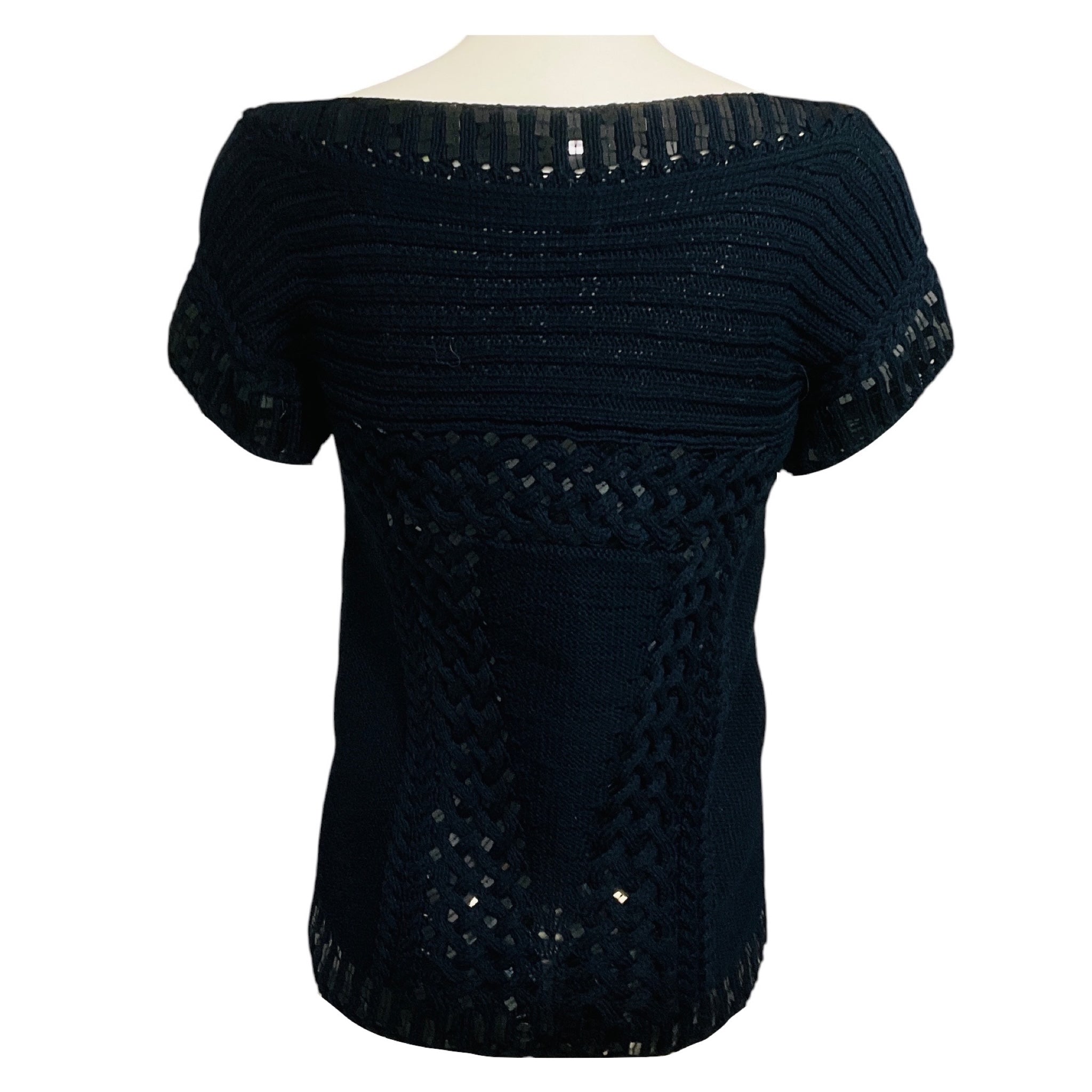 Oscar de la Renta Navy Blue / Black Sequin Embellished Short Sleeved Cotton Knit Sweater