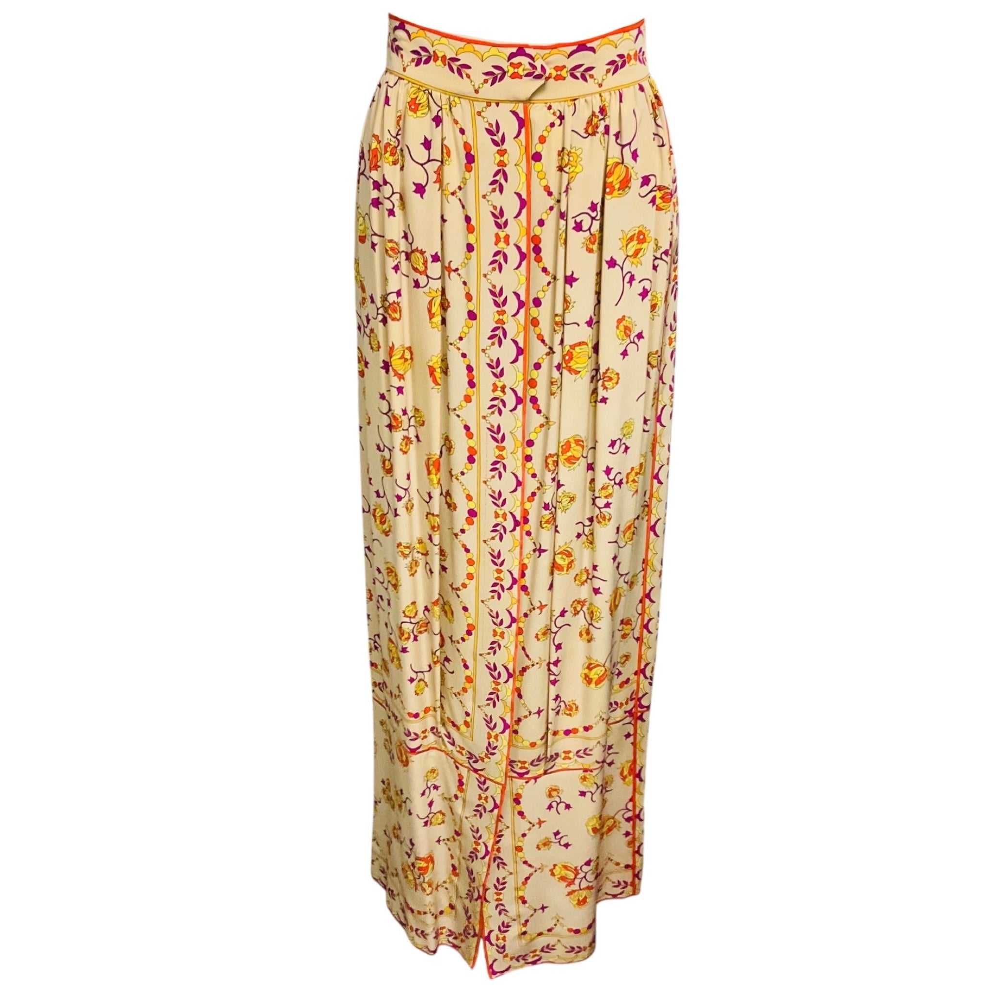 Emilio Pucci Vintage Beige / Purple / Orange / Yellow Multi Printed Silk Maxi Skirt