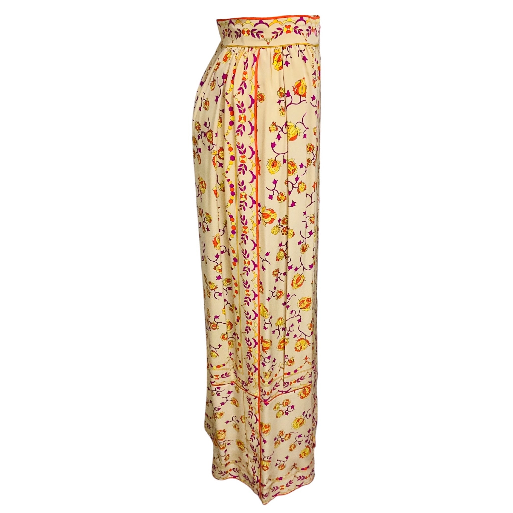 Emilio Pucci Vintage Beige / Purple / Orange / Yellow Multi Printed Silk Maxi Skirt