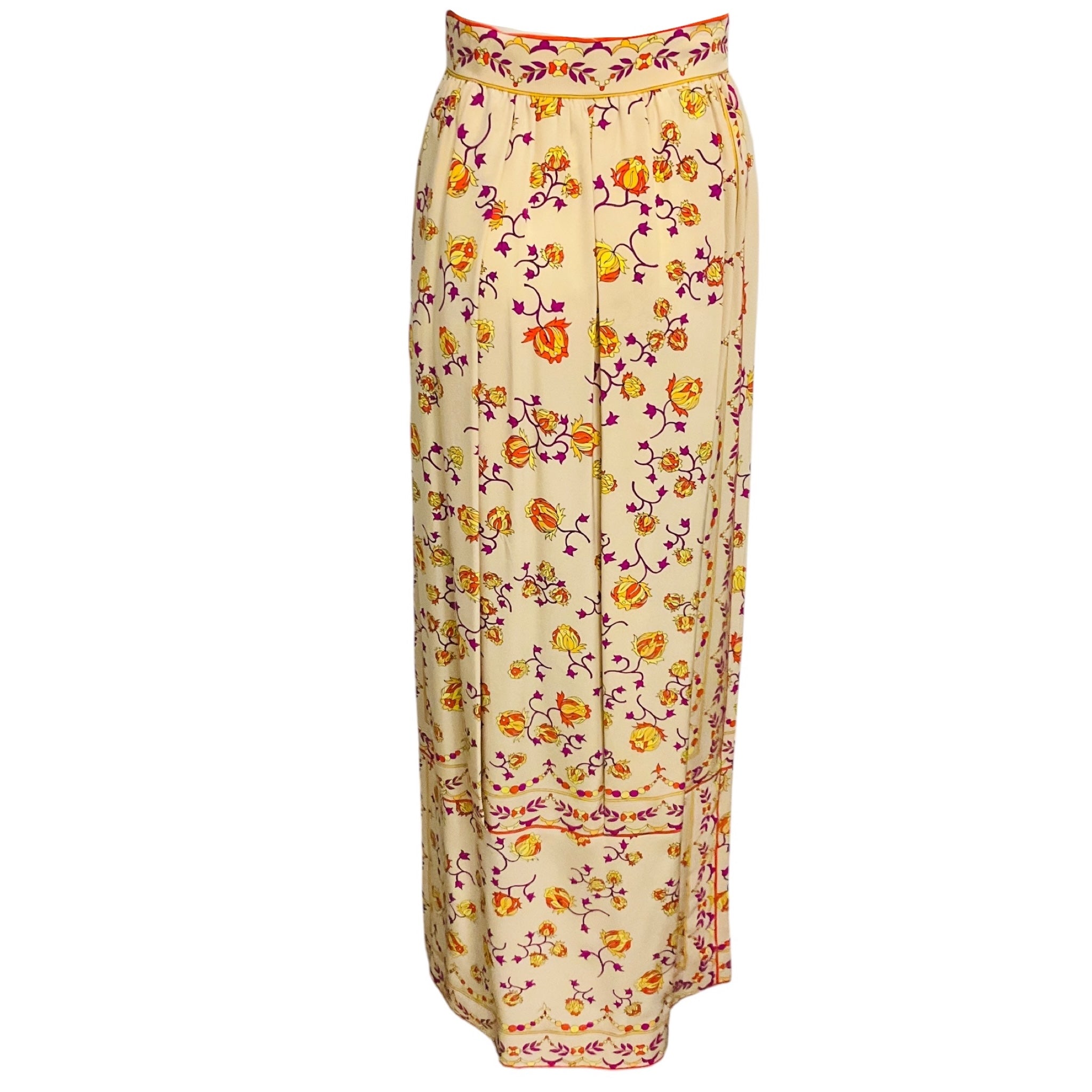 Emilio Pucci Vintage Beige / Purple / Orange / Yellow Multi Printed Silk Maxi Skirt