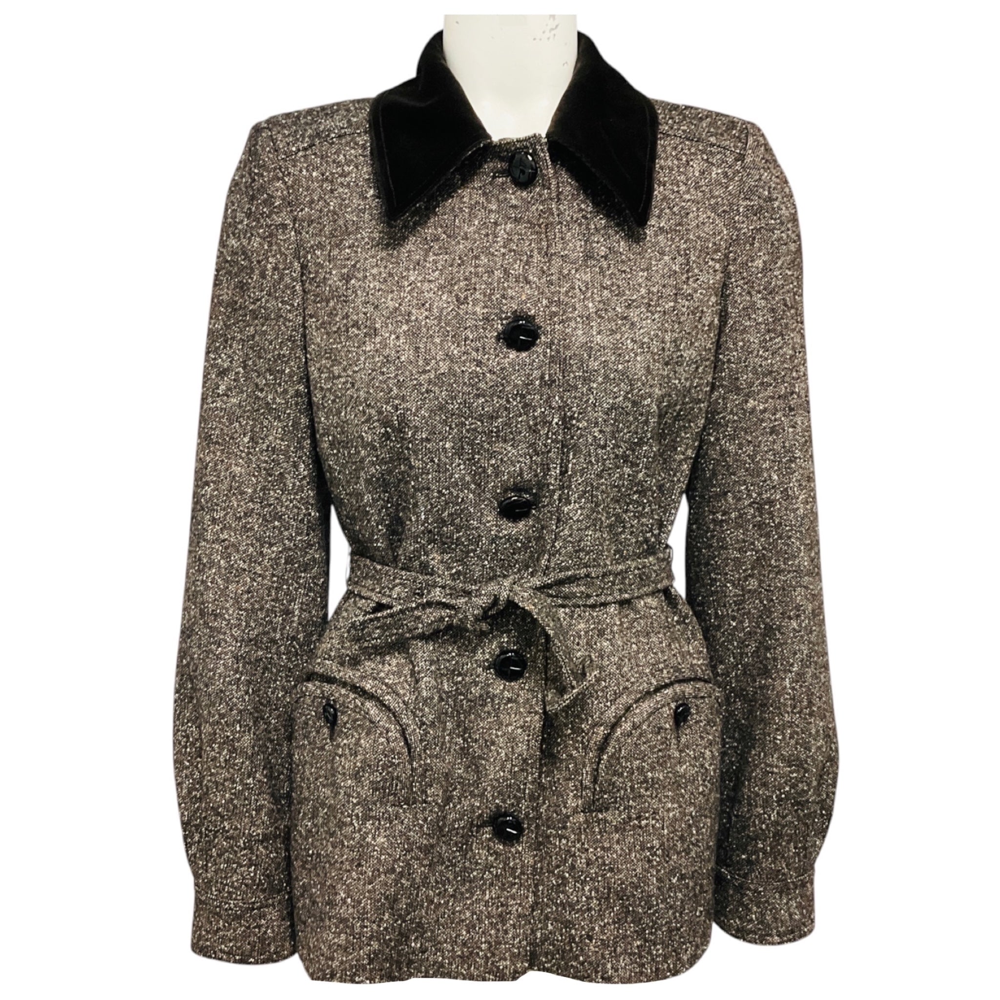 Blaze Milano Brown Sarissa Belted Velvet Trimmed Tweed Paint Jacket