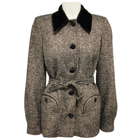 Blaze Milano Brown Sarissa Belted Velvet Trimmed Tweed Paint Jacket