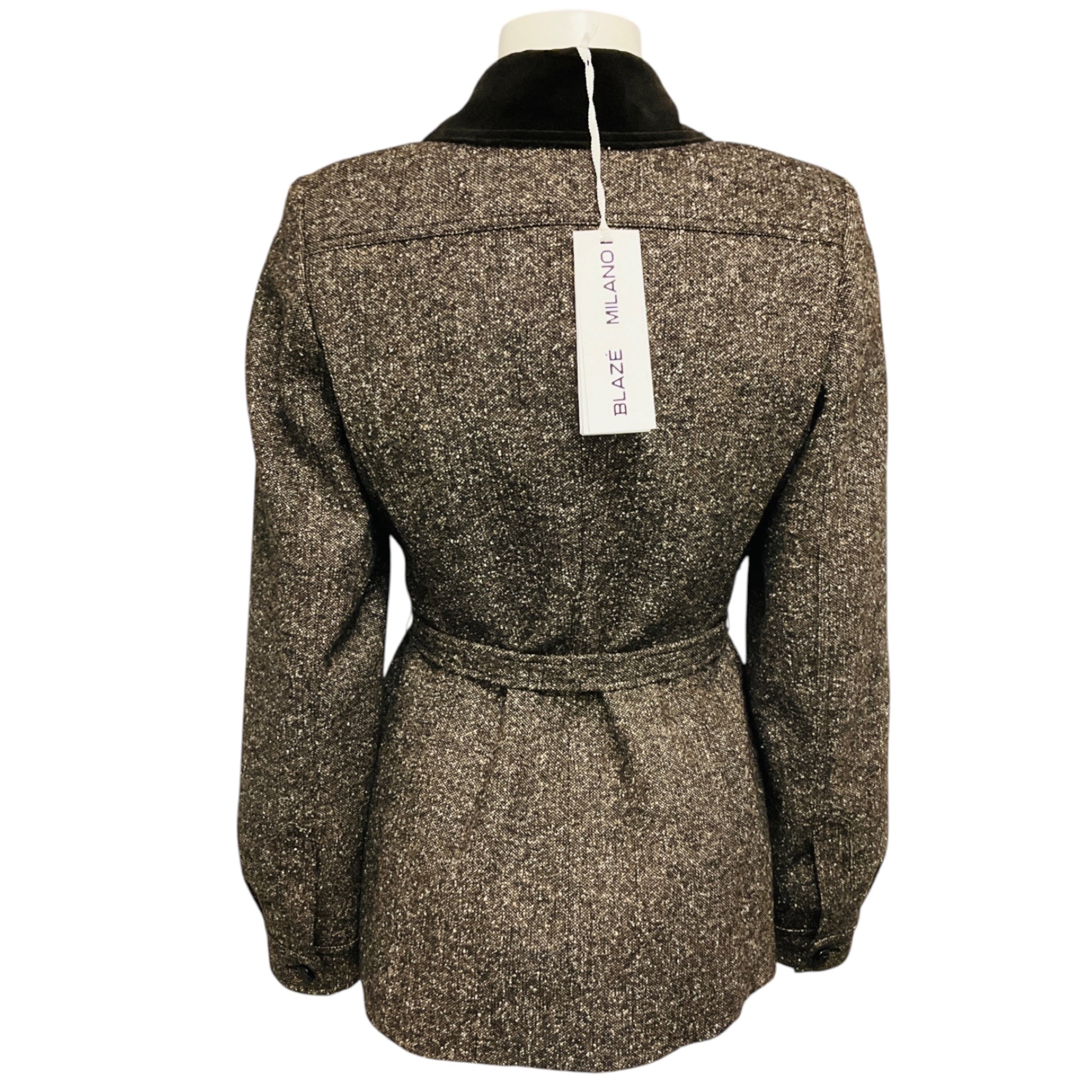 Blaze Milano Brown Sarissa Belted Velvet Trimmed Tweed Paint Jacket