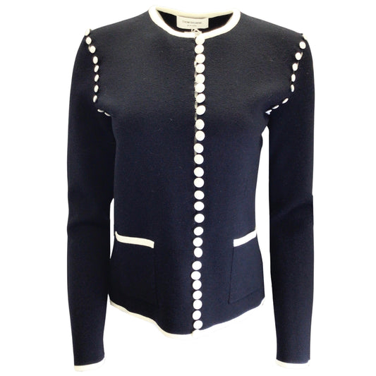 Thom Browne Navy Blue / White Bridal Button Milano Stitch Crewneck Cardigan Sweater