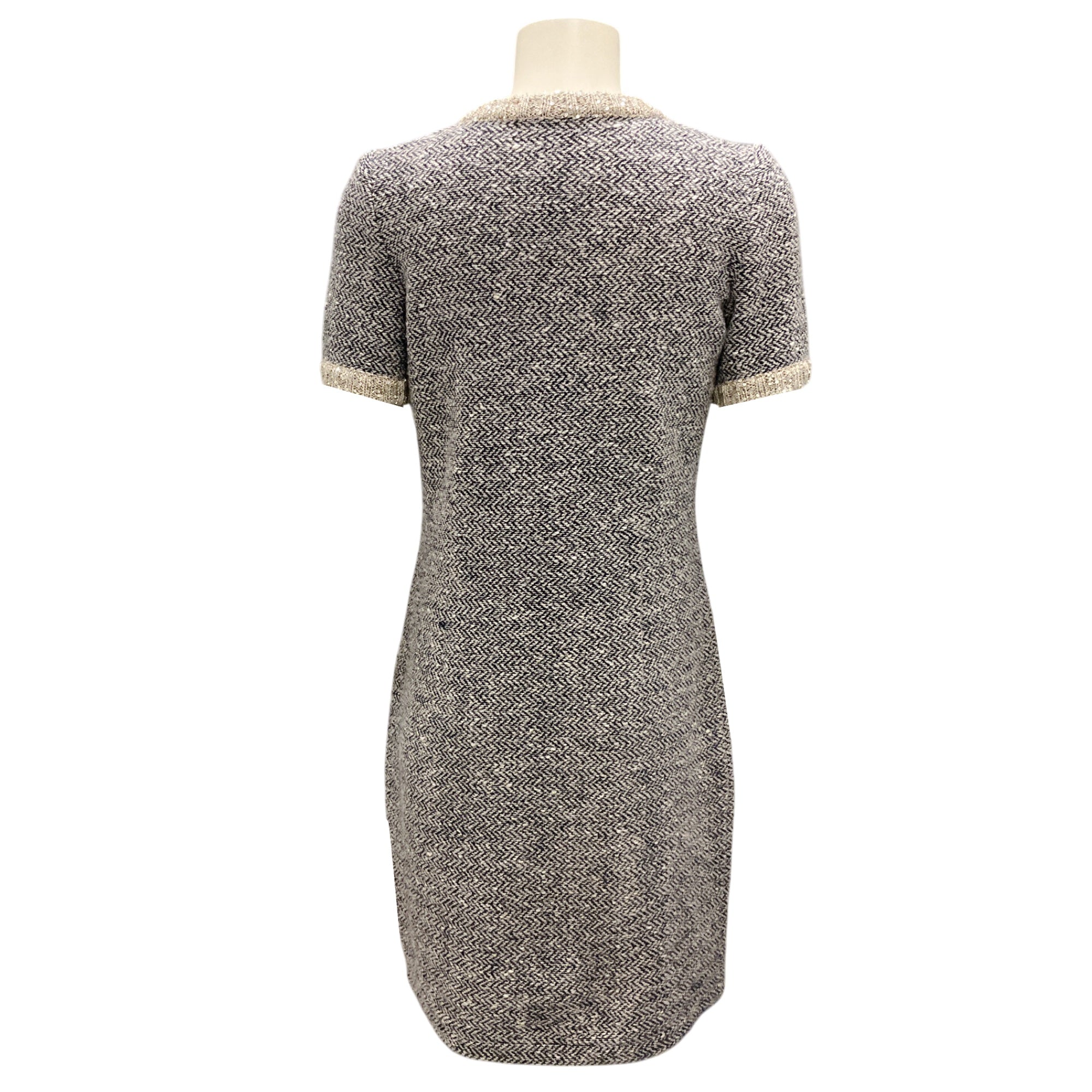 Amina Rubinacci Beige / Navy Blue Sequined Short Sleeved Wool Knit Dress