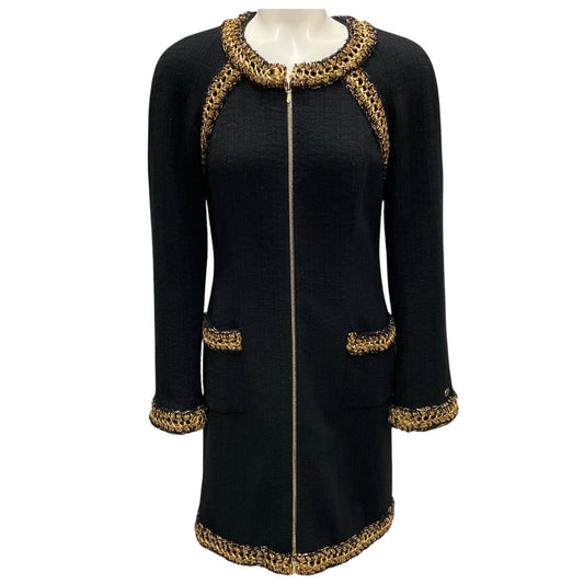 Chanel Black / Gold Metallic Paris Shanghai 2010 Braided Trim Full Zip Wool Dress