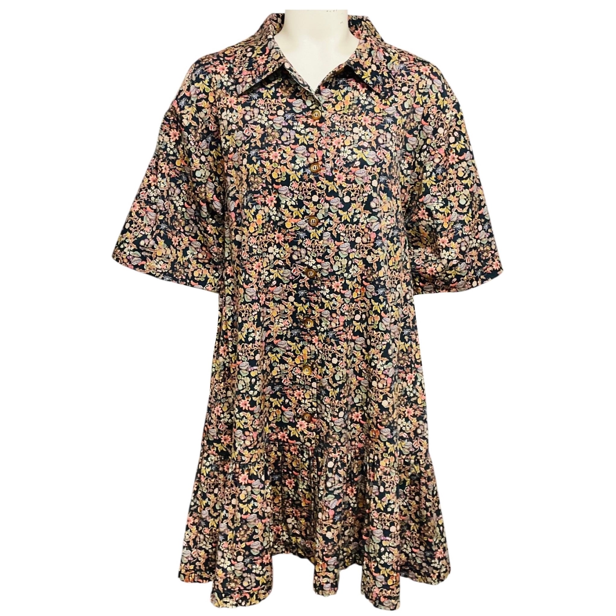 Kika Vargas Black Multi Printed Short Sleeved Cotton Stretch Dress