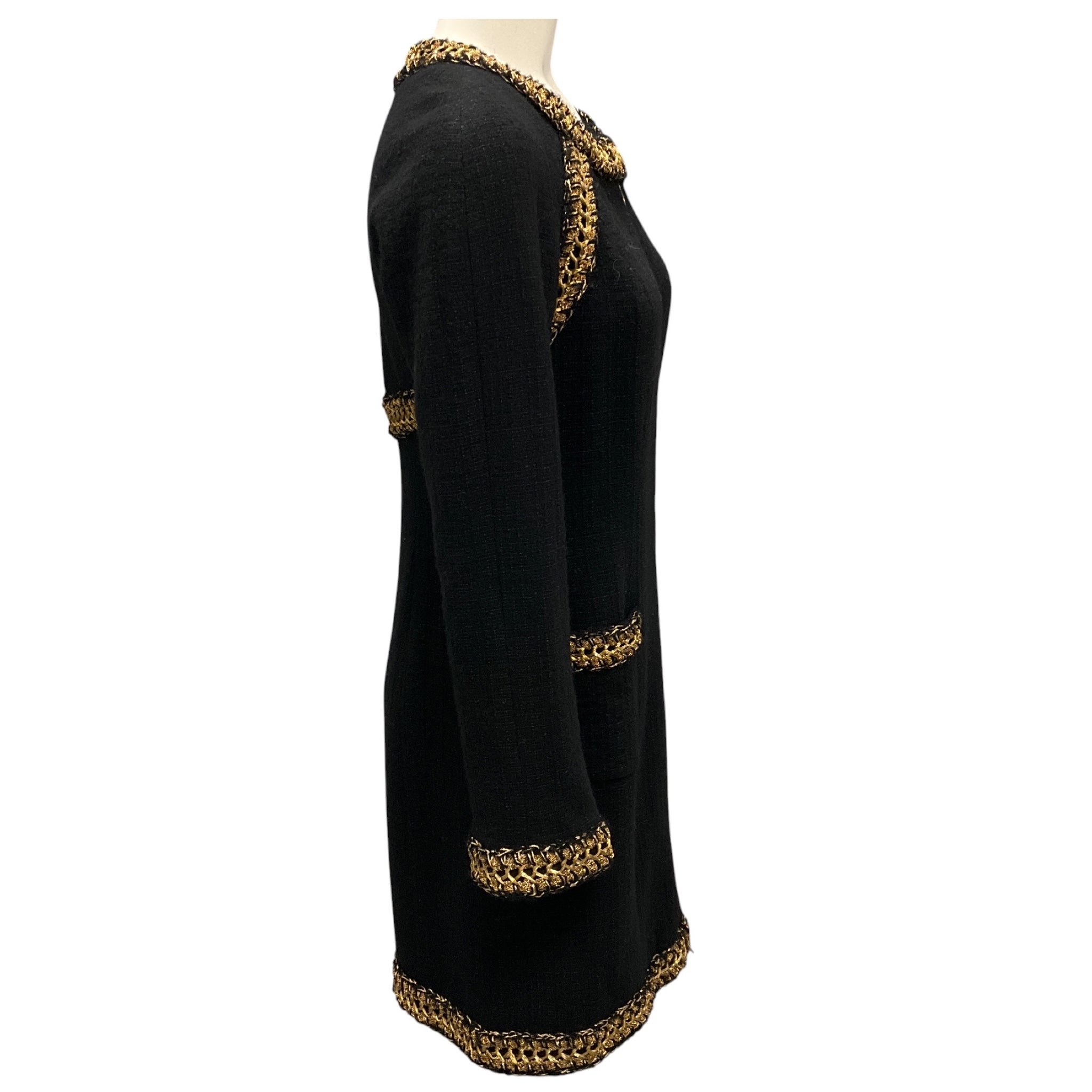 Chanel Black / Gold Metallic Paris Shanghai 2010 Braided Trim Full Zip Wool Dress