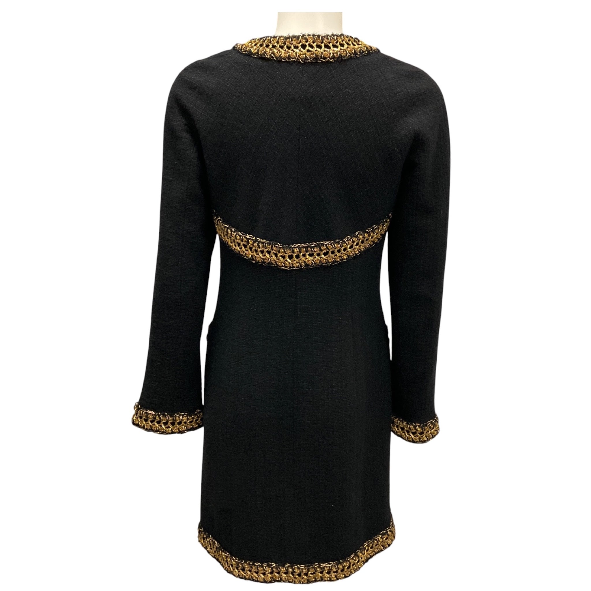 Chanel Black / Gold Metallic Paris Shanghai 2010 Braided Trim Full Zip Wool Dress