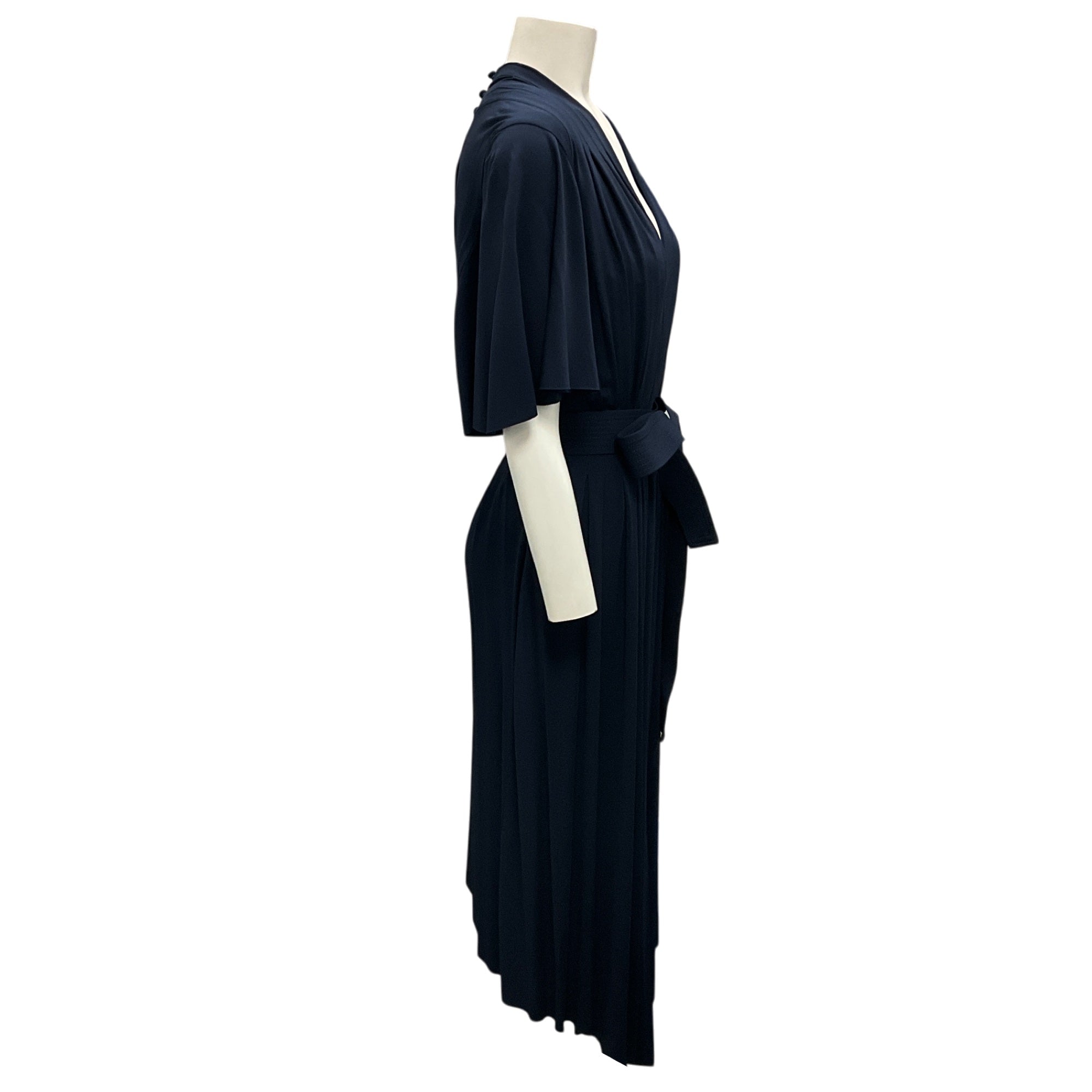 Adam Lippes Navy Blue Belted Pleated Asymmetric Stretch Jersey Midi Dress