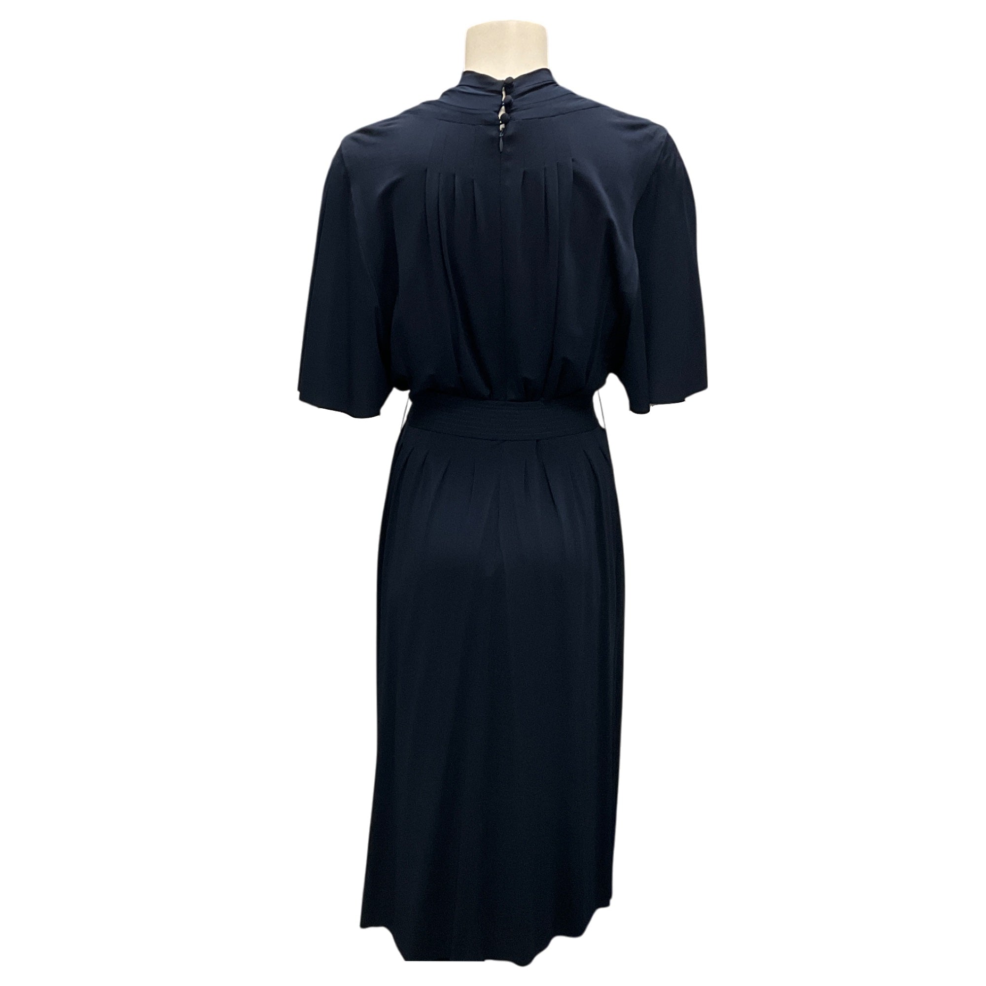 Adam Lippes Navy Blue Belted Pleated Asymmetric Stretch Jersey Midi Dress