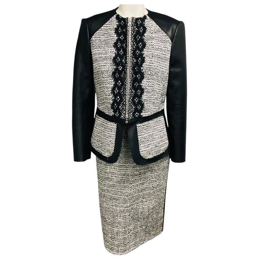 Oscar de la Renta Black / Grey Leather and Boucle Twill Tweed Zip Front Jacket and Pencil Skirt Suit Set