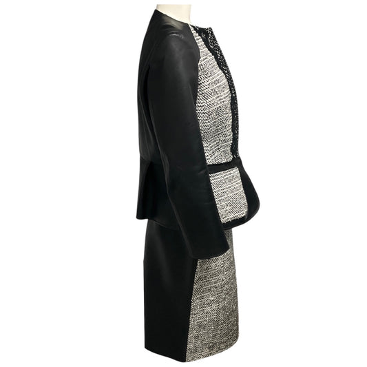 Oscar de la Renta Black / Grey Leather and Boucle Twill Tweed Zip Front Jacket and Pencil Skirt Suit Set