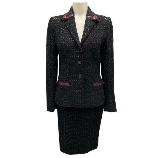 Escada Black / Burgundy Leather Trimmed Tweed Jacket and Skirt Two-Piece Set