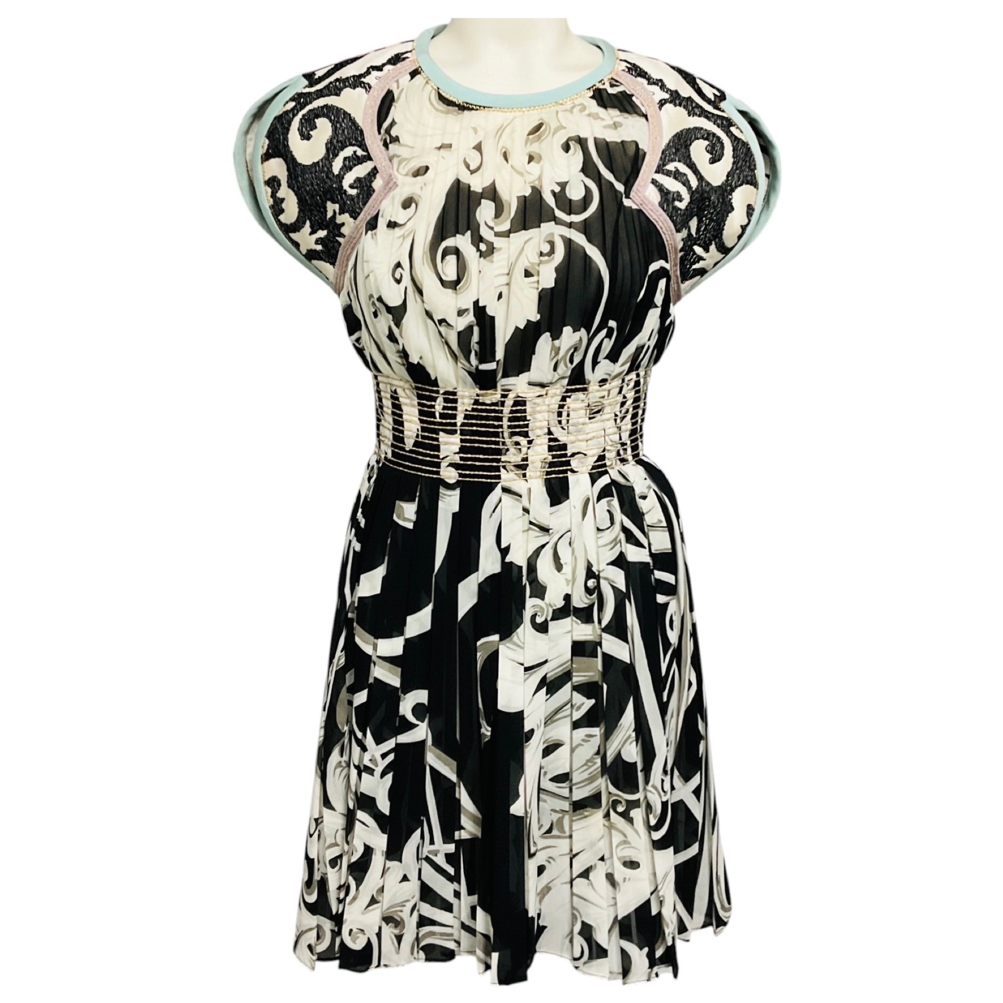 Aquilano Rimondi Black / White / Light Blue / Purple Printed Chiffon Mini Cocktail Dress