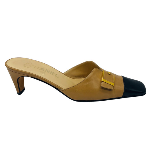 Chanel Tan / Black / Gold Buckle Leather Mules