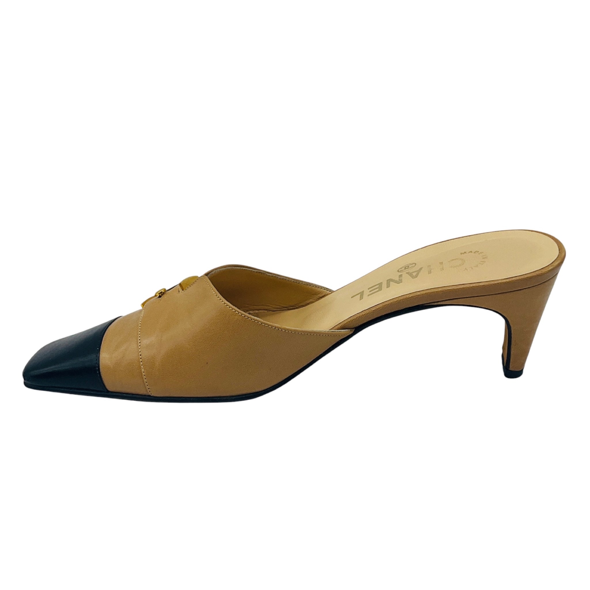 Chanel Tan / Black / Gold Buckle Leather Mules
