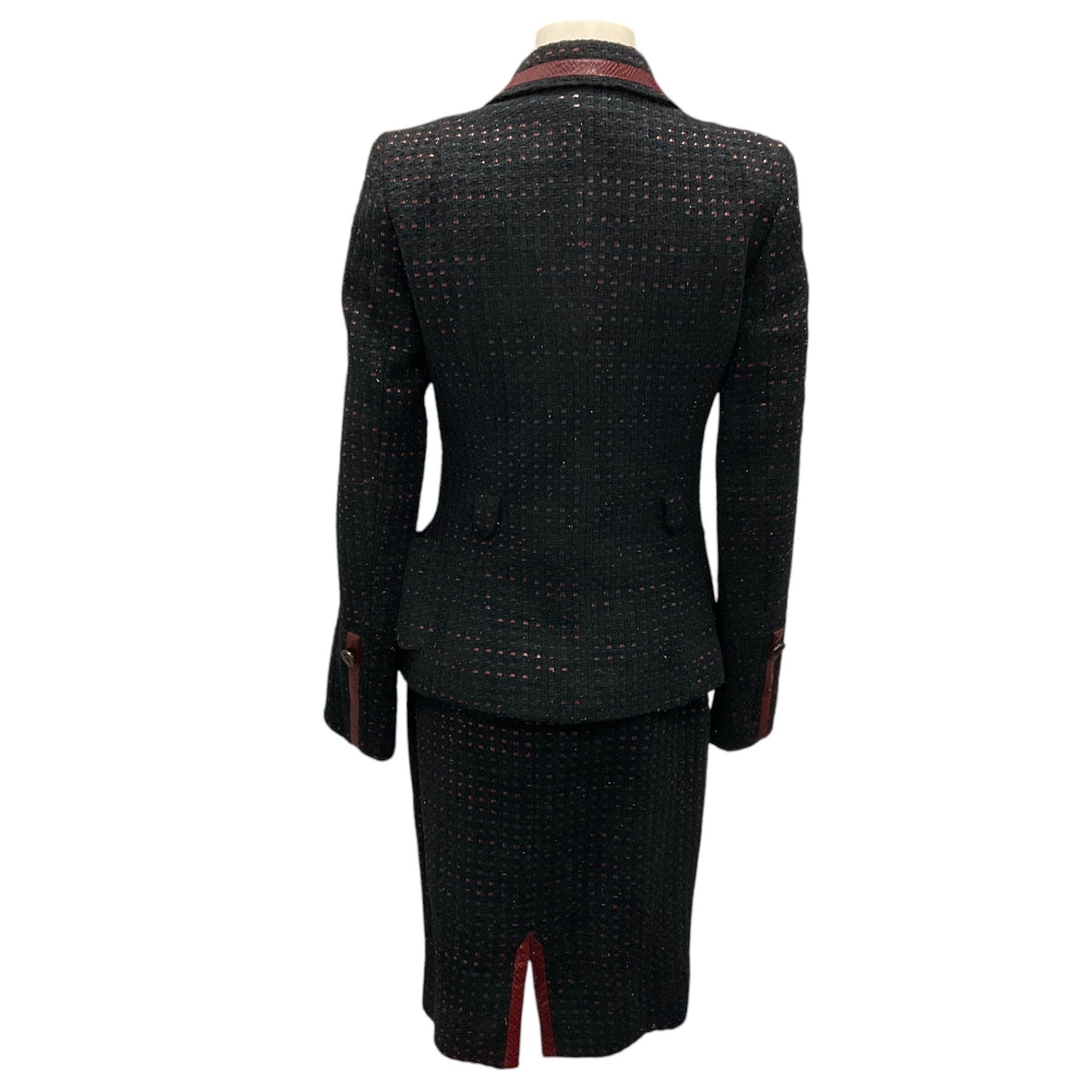 Escada Black / Burgundy Leather Trimmed Tweed Jacket and Skirt Two-Piece Set