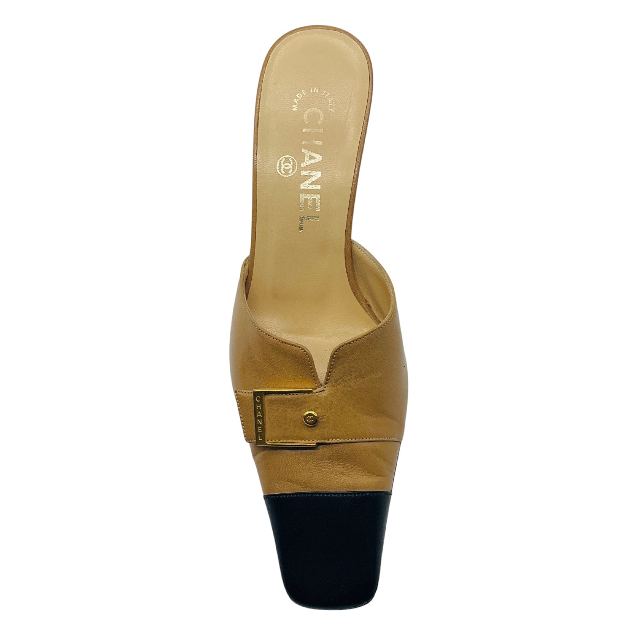 Chanel Tan / Black / Gold Buckle Leather Mules