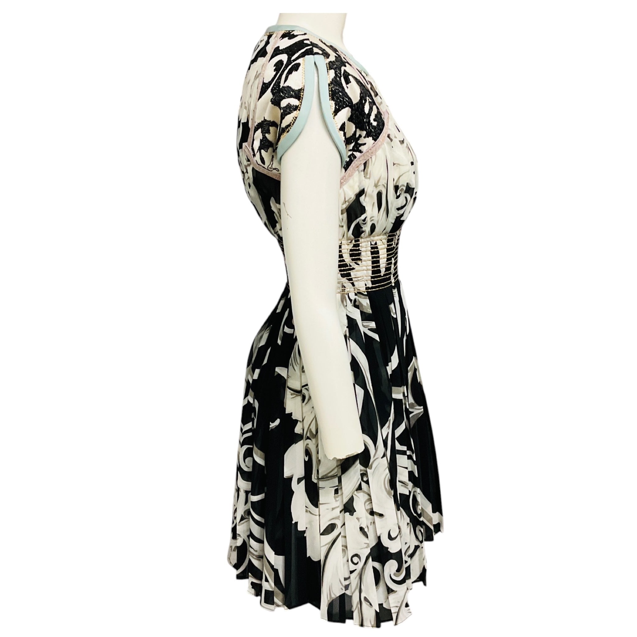 Aquilano Rimondi Black / White / Light Blue / Purple Printed Chiffon Mini Cocktail Dress