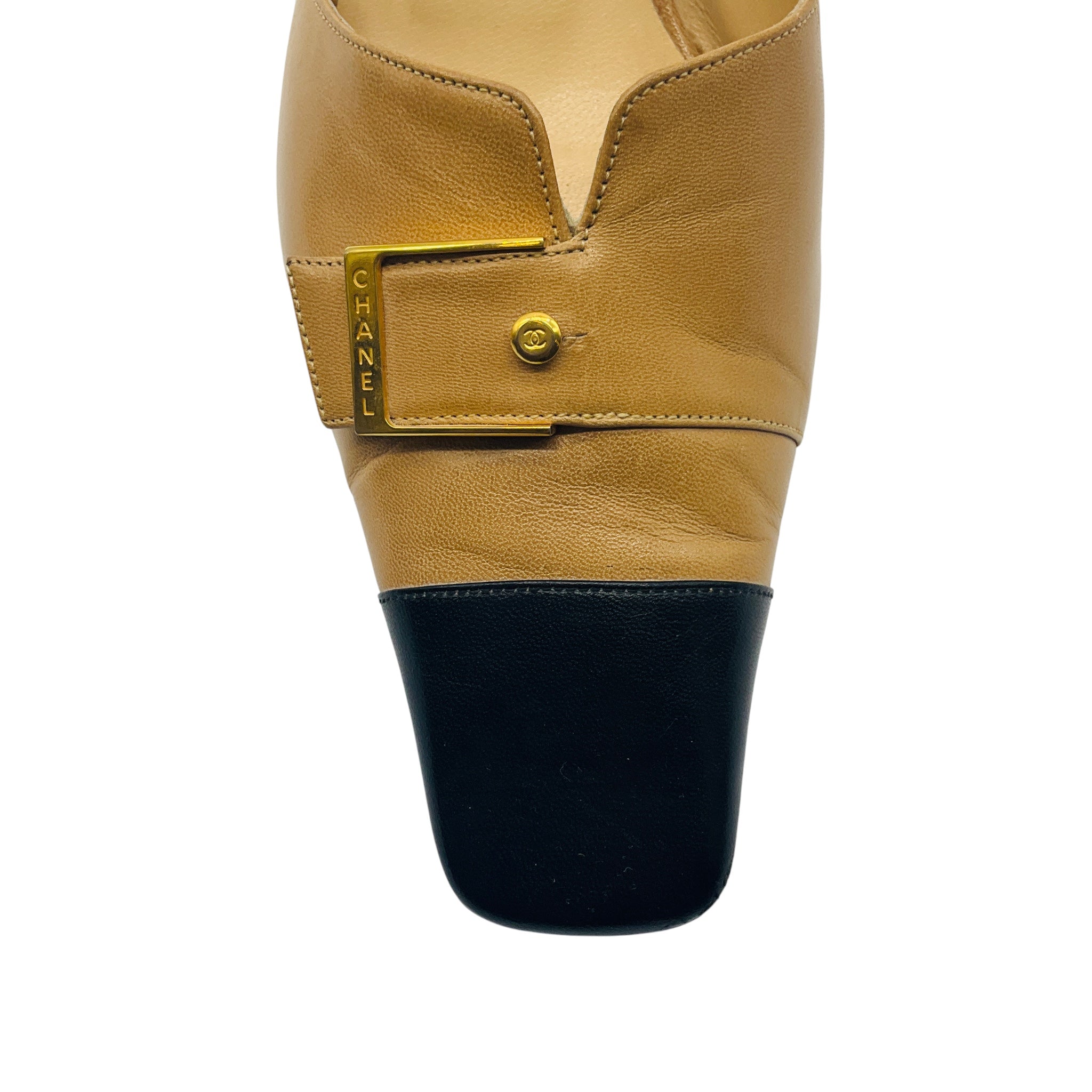 Chanel Tan / Black / Gold Buckle Leather Mules