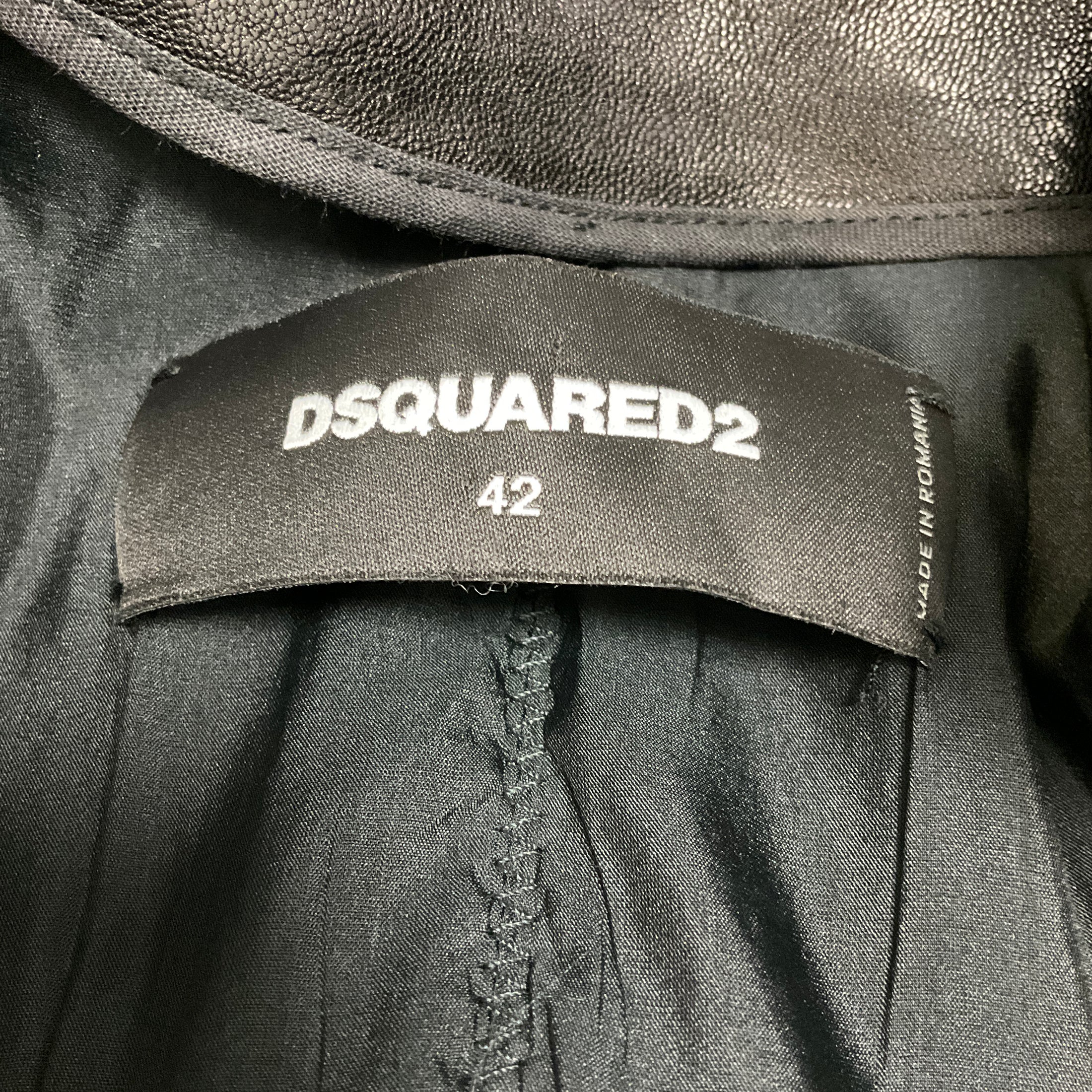 Dsquared2 Black Zip Front Leather Jacket with Fabric Trim