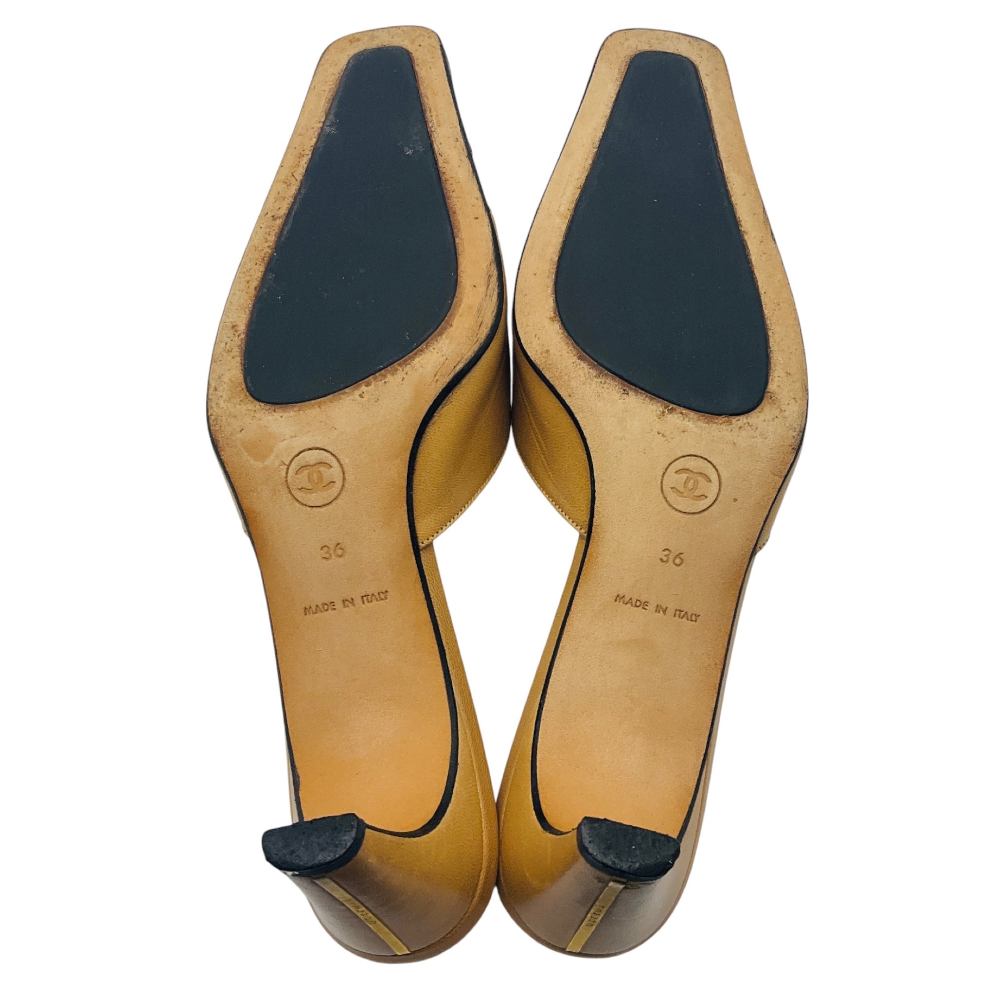 Chanel Tan / Black / Gold Buckle Leather Mules