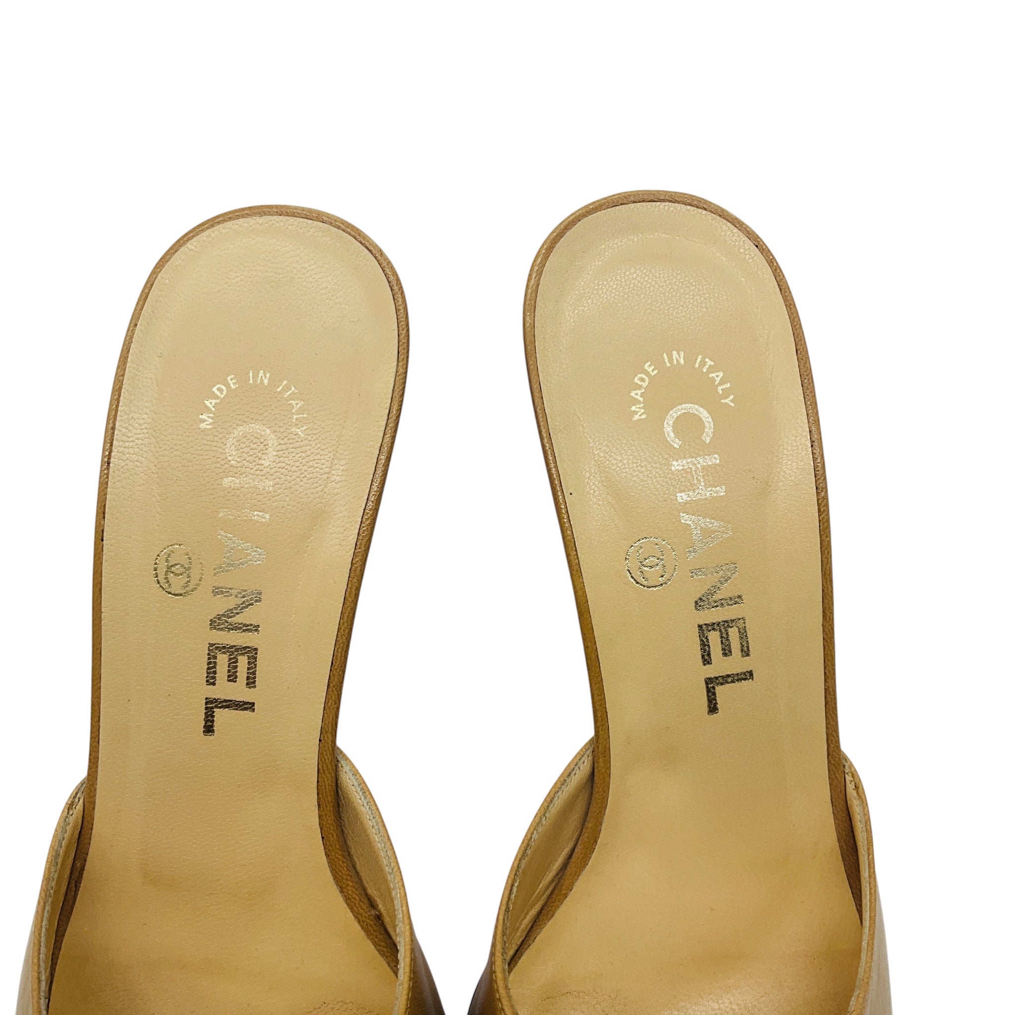 Chanel Tan / Black / Gold Buckle Leather Mules