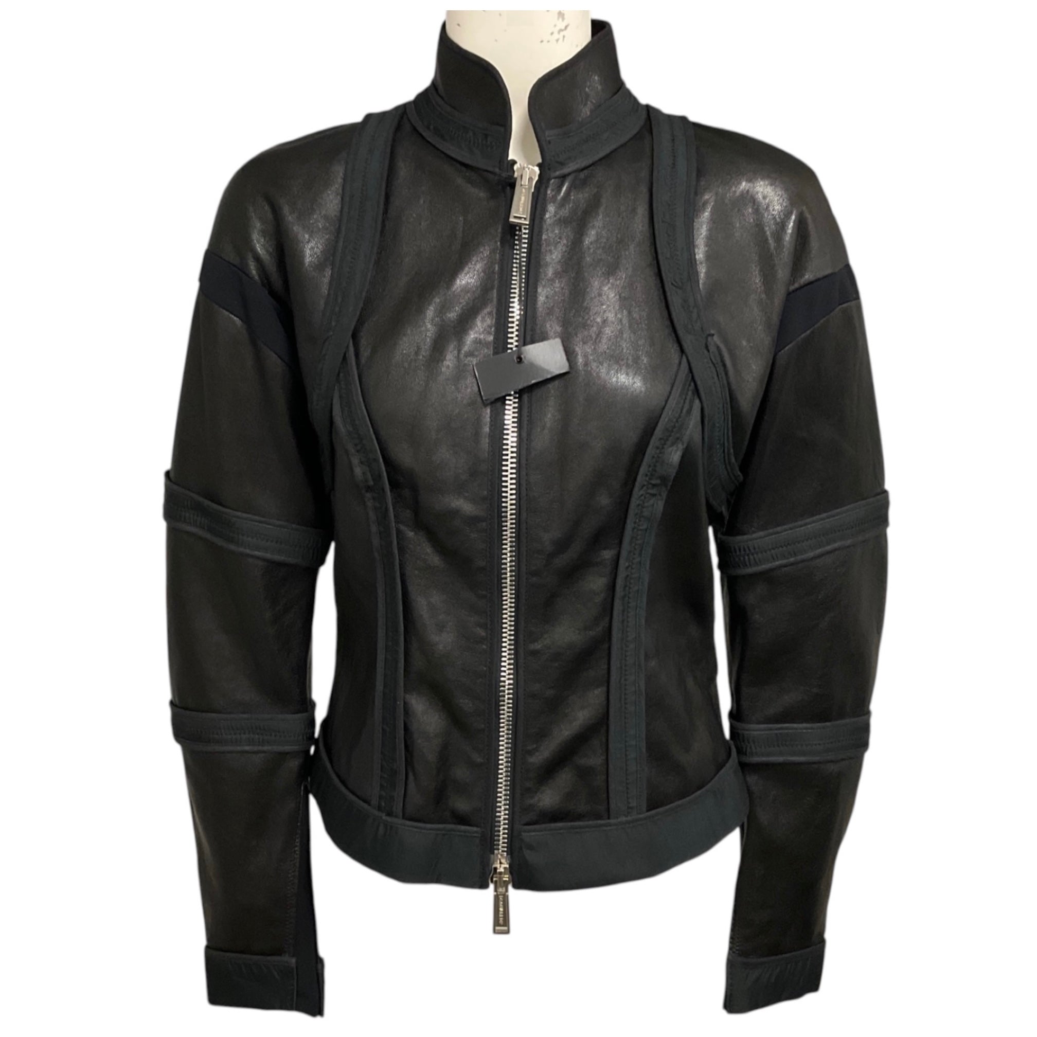 Dsquared2 Black Zip Front Leather Jacket with Fabric Trim