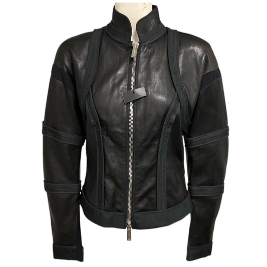 Dsquared2 Black Zip Front Leather Jacket with Fabric Trim