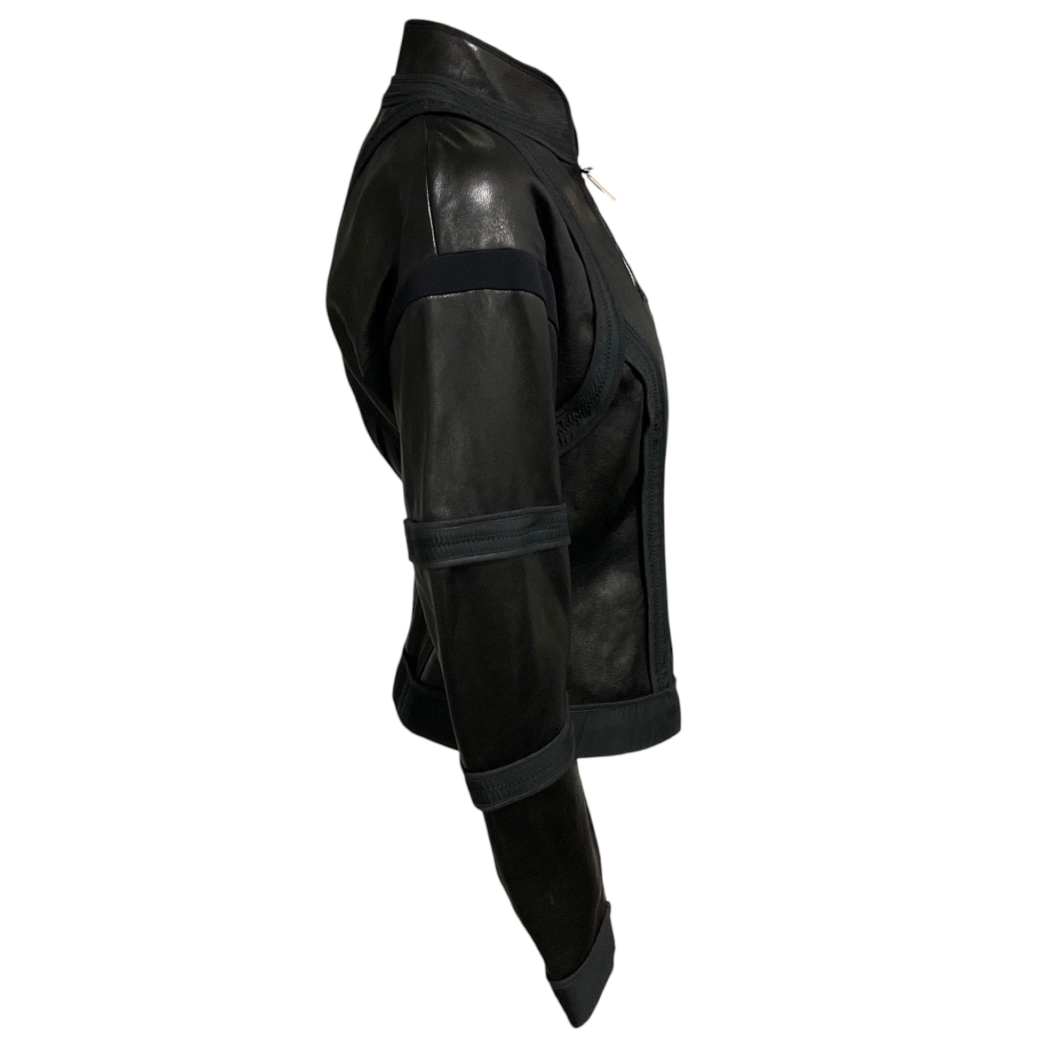 Dsquared2 Black Zip Front Leather Jacket with Fabric Trim