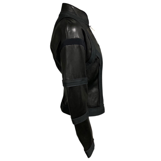 Dsquared2 Black Zip Front Leather Jacket with Fabric Trim
