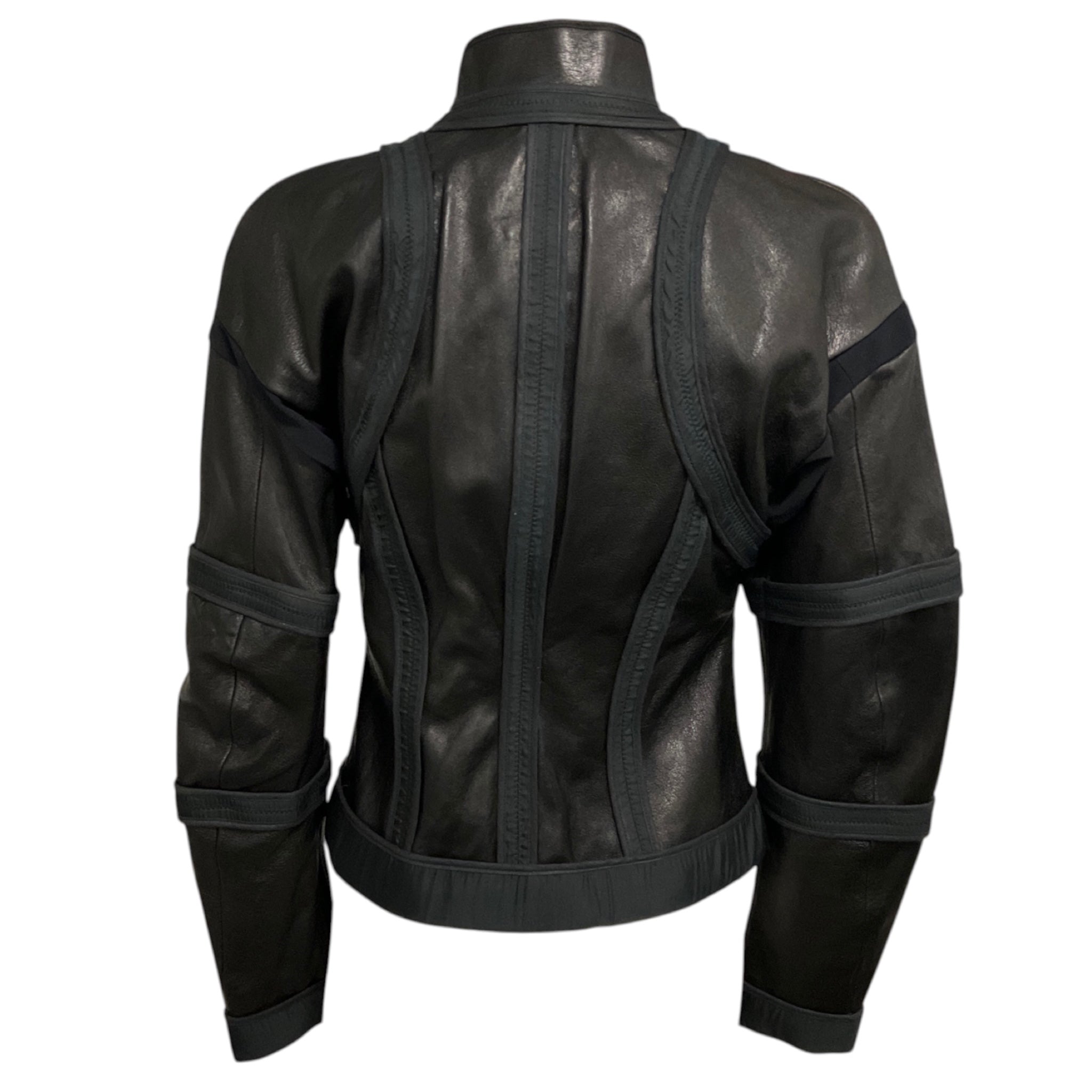 Dsquared2 Black Zip Front Leather Jacket with Fabric Trim