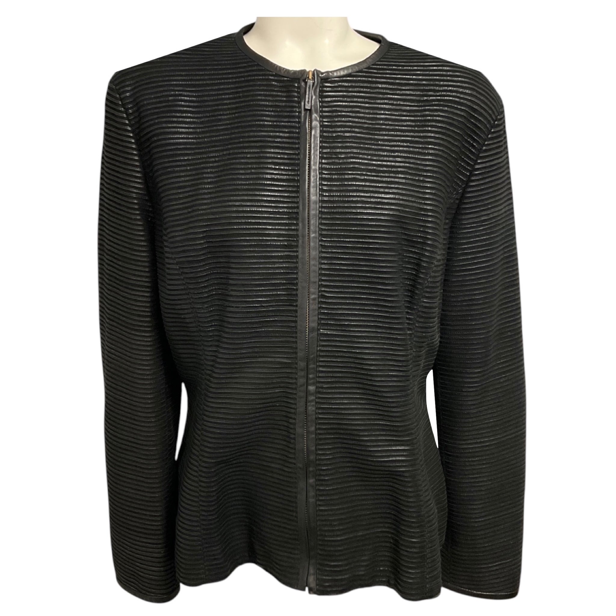 Ralph Lauren Black Label Black Zip Front Ribbed Lamb Leather and Goat Suede Jacket