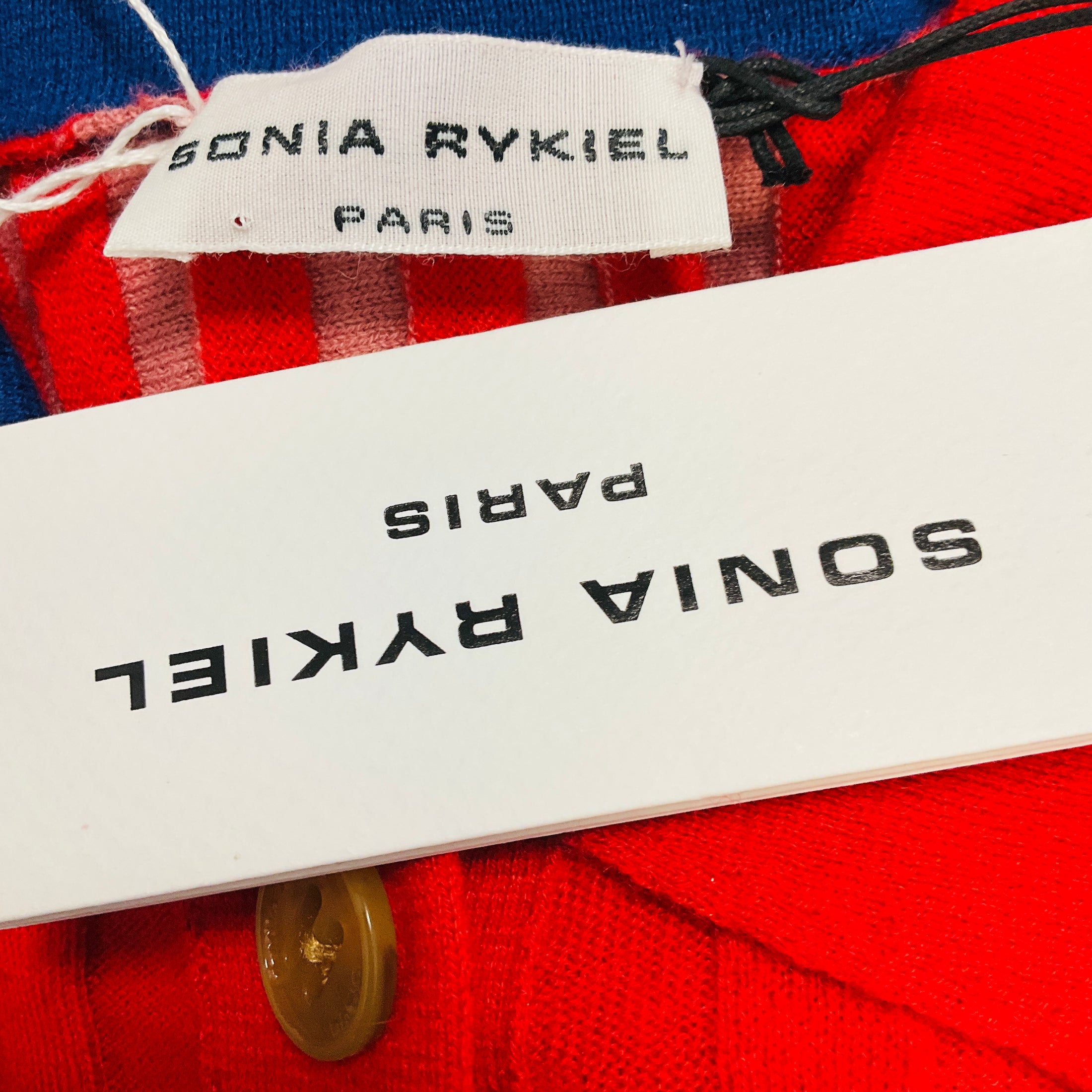 Sonia Rykiel Red / Navy Blue Striped Cashmere Knit Polo Sweater