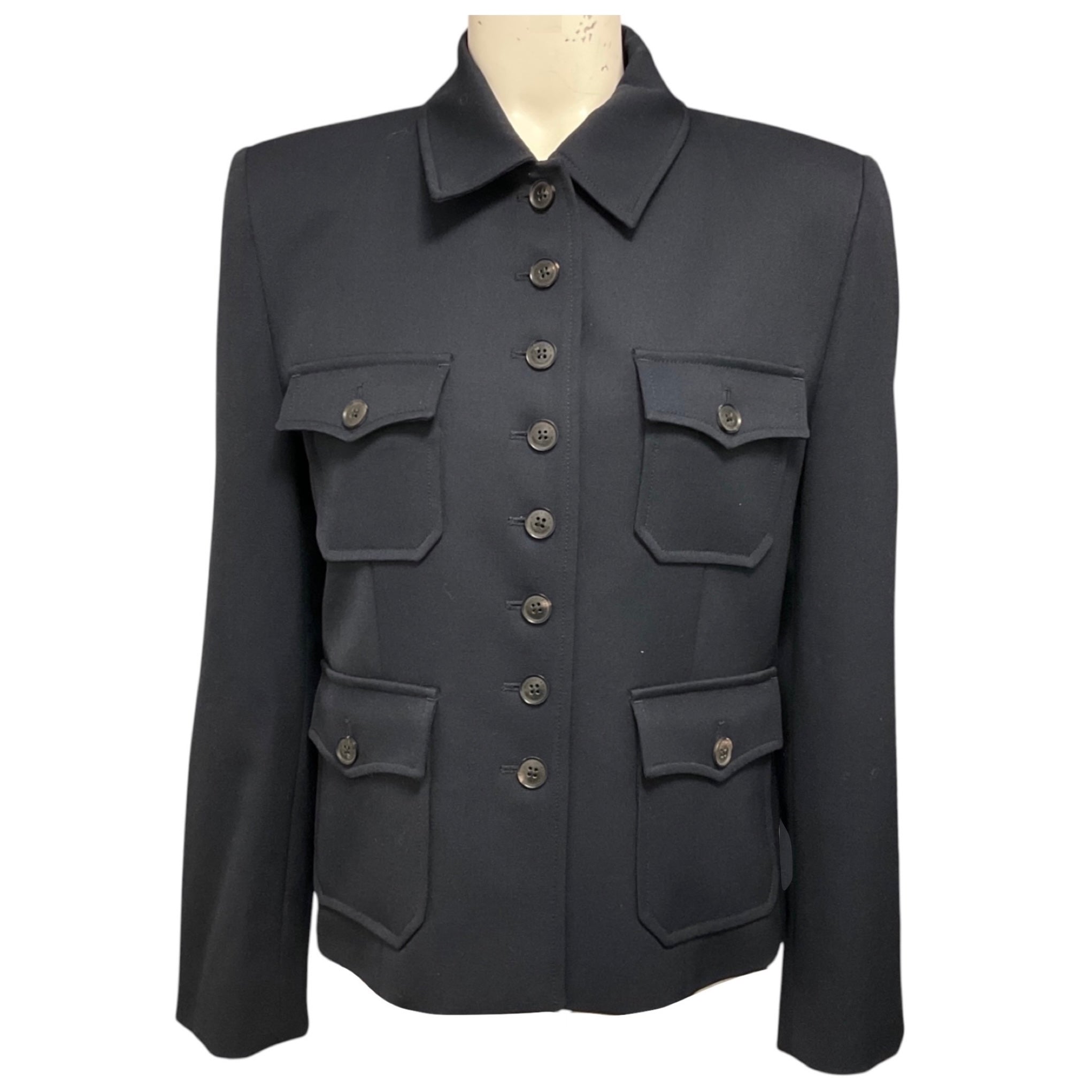 Nili Lotan Navy Blue Button Front Wool Jacket with Four Pockets