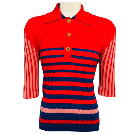 Sonia Rykiel Red / Navy Blue Striped Cashmere Knit Polo Sweater